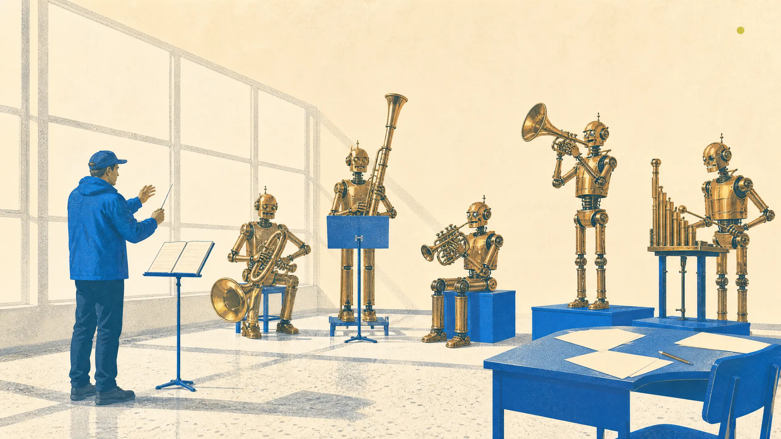 Copper automata rehearsing with a human conductor in a bright hall