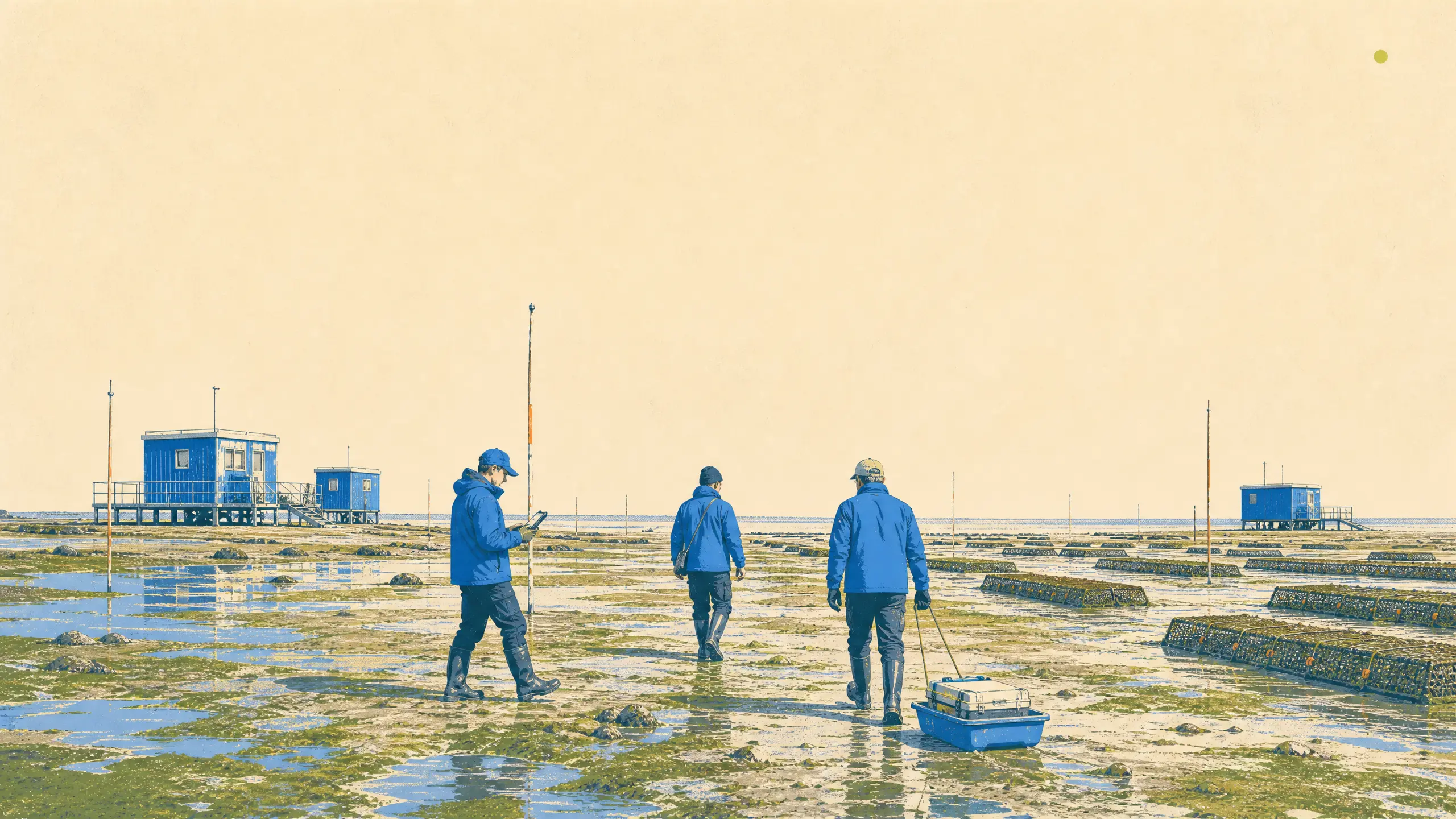 Marine technicians crossing a bright tidal flat with equipment